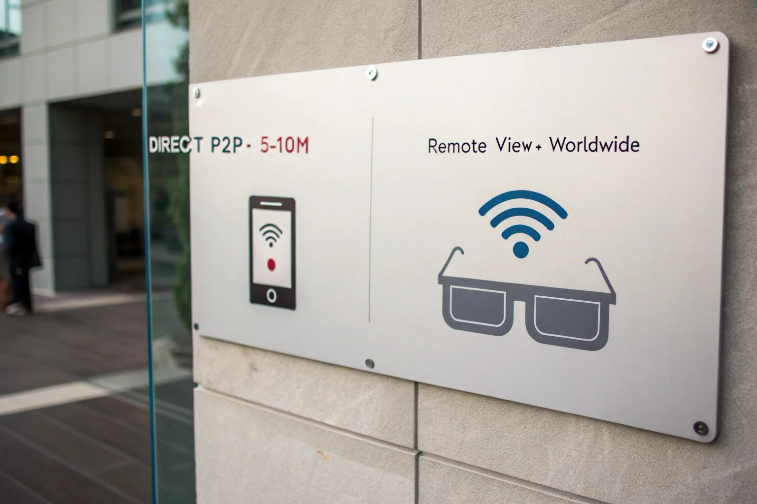 A diagram showing a spy camera glasses connecting directly to a smartphone (short range) and also connecting via a Wi-Fi router to the cloud for remote access from anywhere.