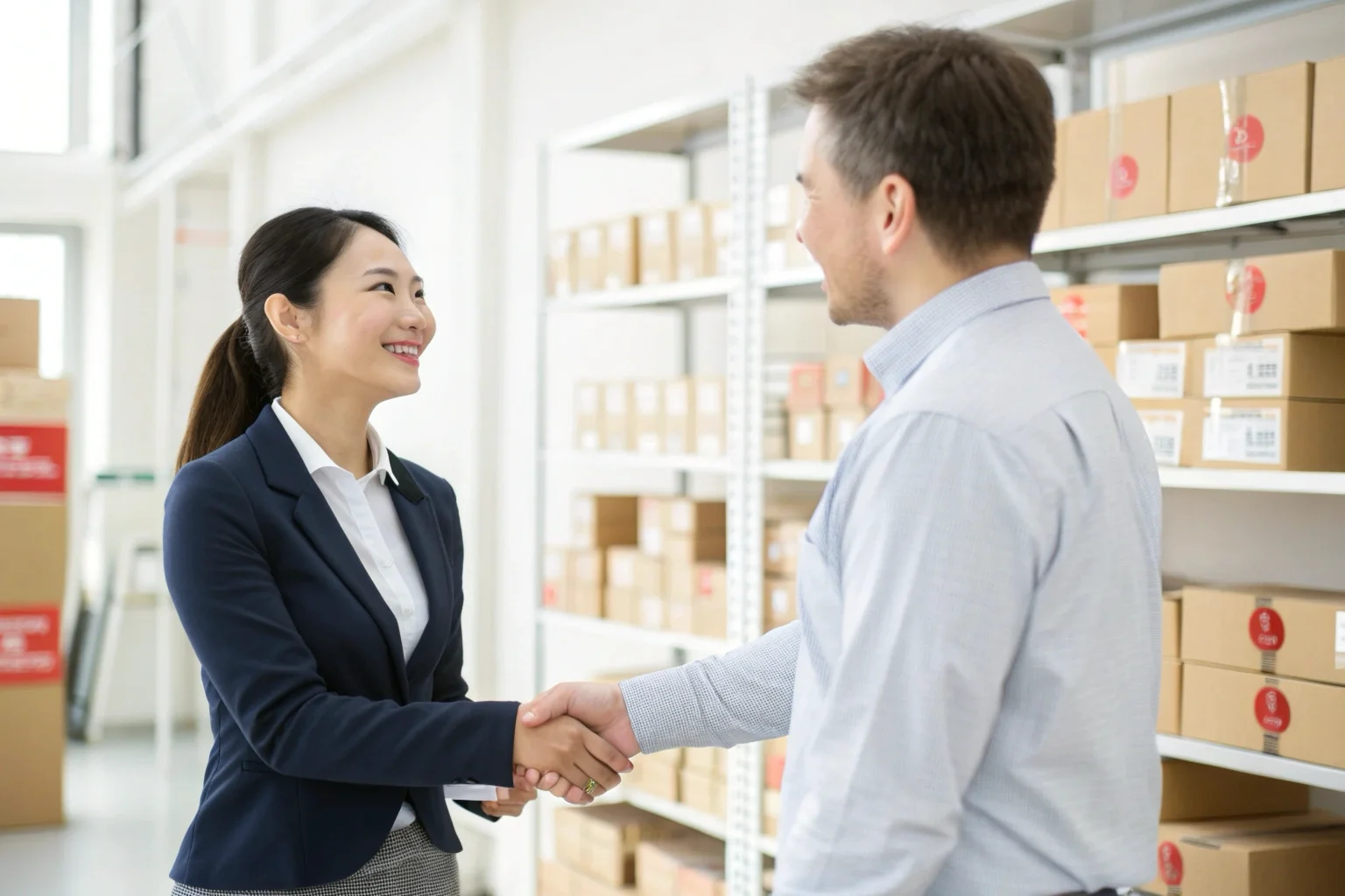 A handshake between a supplier and a business owner in front of a warehouse