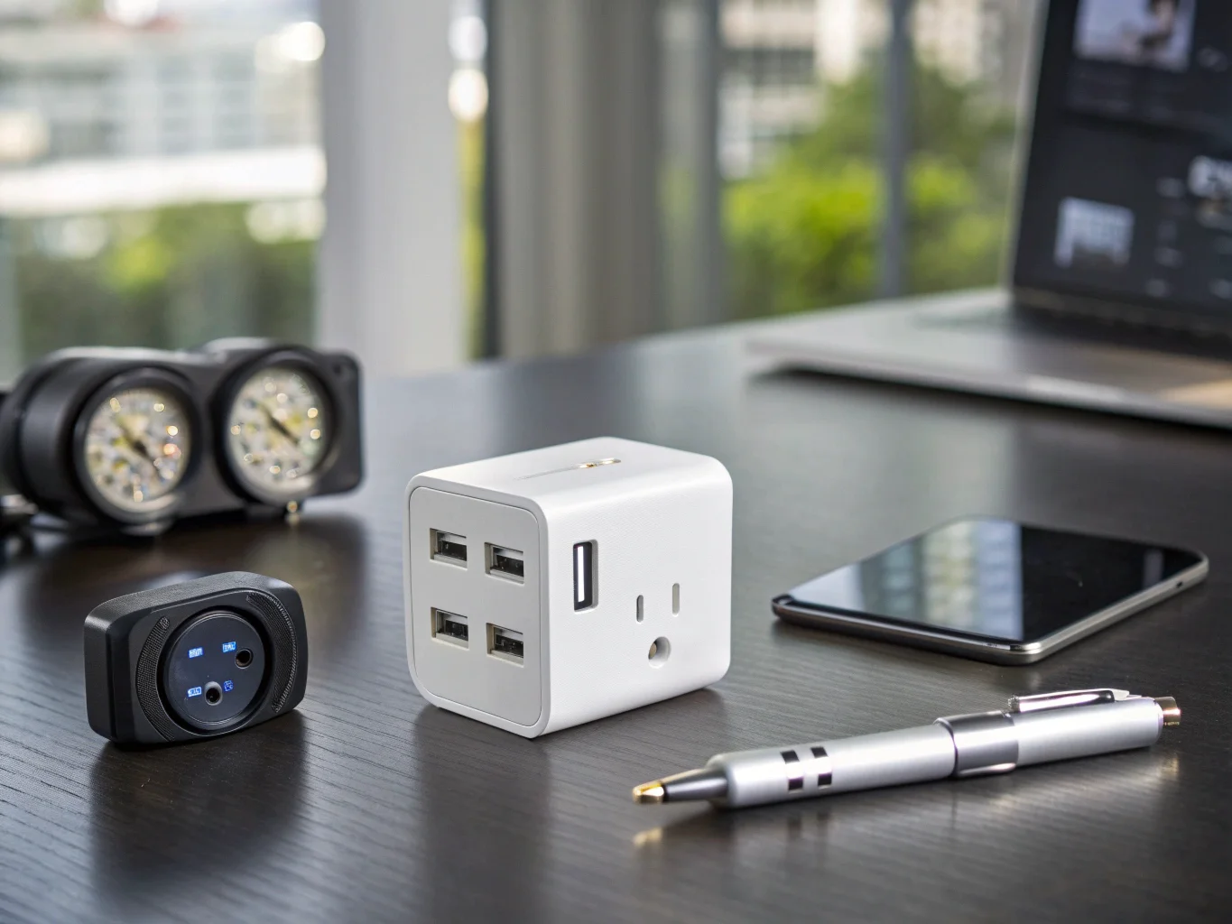 A collection of various hidden cameras, including a wall clock, a USB charger, and a pen, arranged on a sleek table.