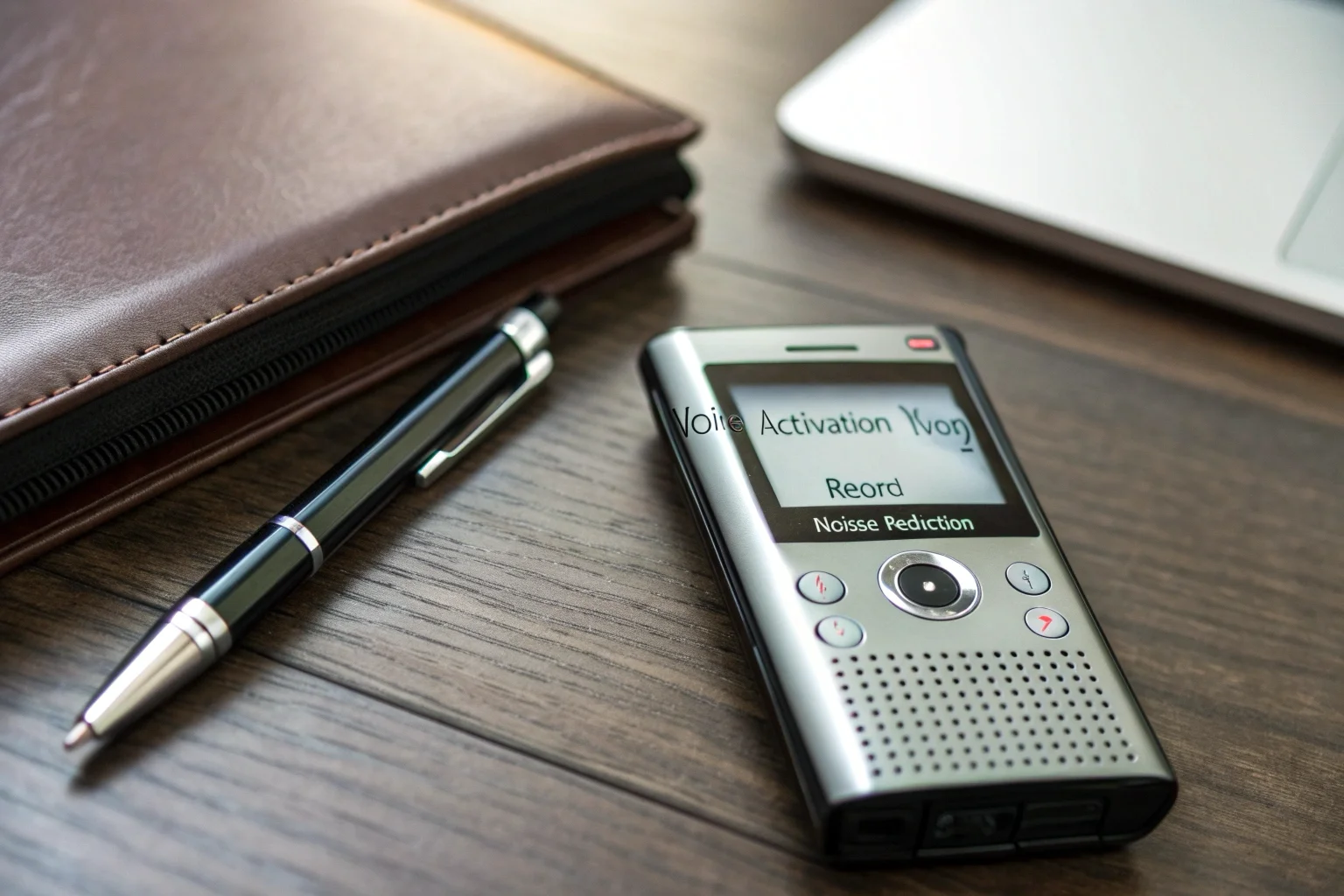A close-up of a voice recorder showing icons for voice activation and noise reduction