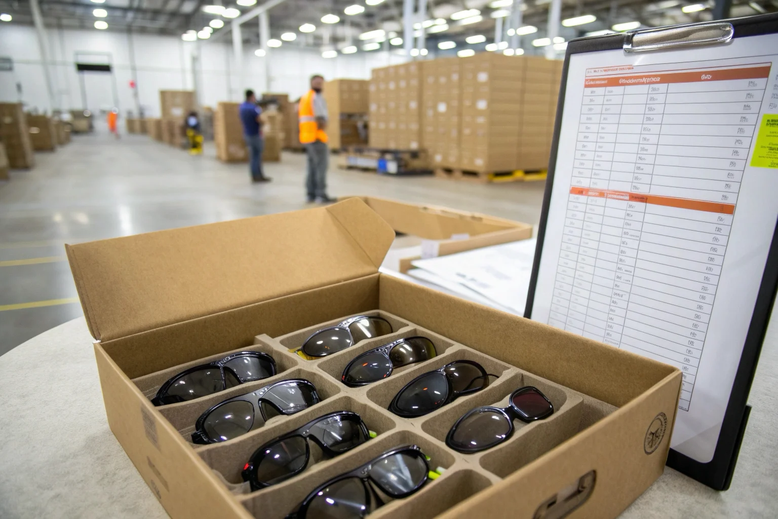 A wholesale box open in a warehouse, showing neatly packed spy glasses, with a quality control checklist on a clipboard nearby.