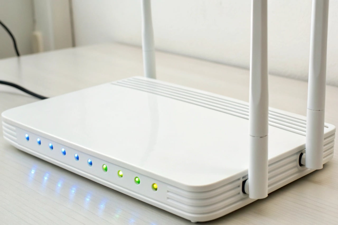 A network router with glowing LED lights indicating an active WiFi connection