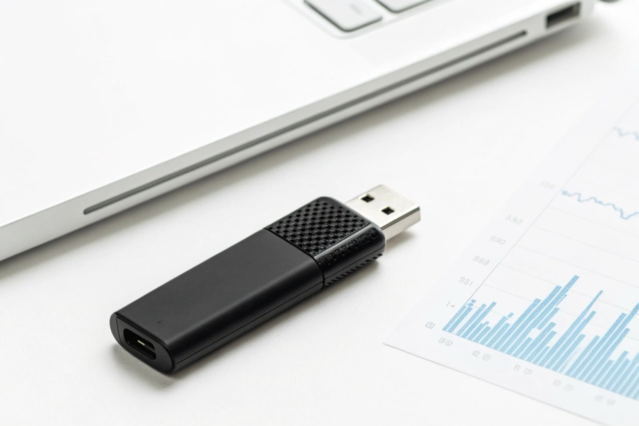 Una chiavetta registratore vocale USB accanto a un'icona digitale che mostra "8GB" e "94 Ore"