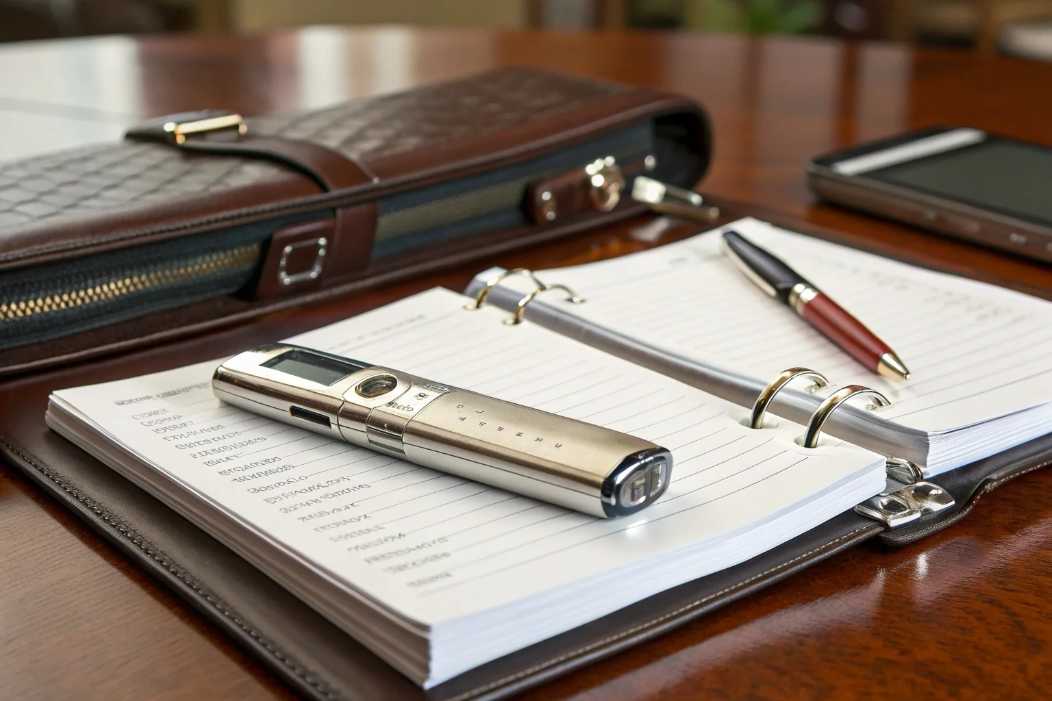 A close-up shot of a sophisticated voice recorder designed as a sleek, modern pen resting on a leather-bound business planner.