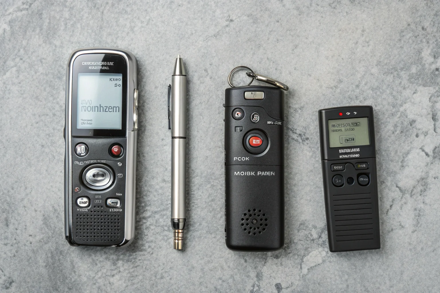 A flat lay of four different types of voice recorders: a pen, a keychain, a watch, and a small rectangular device.