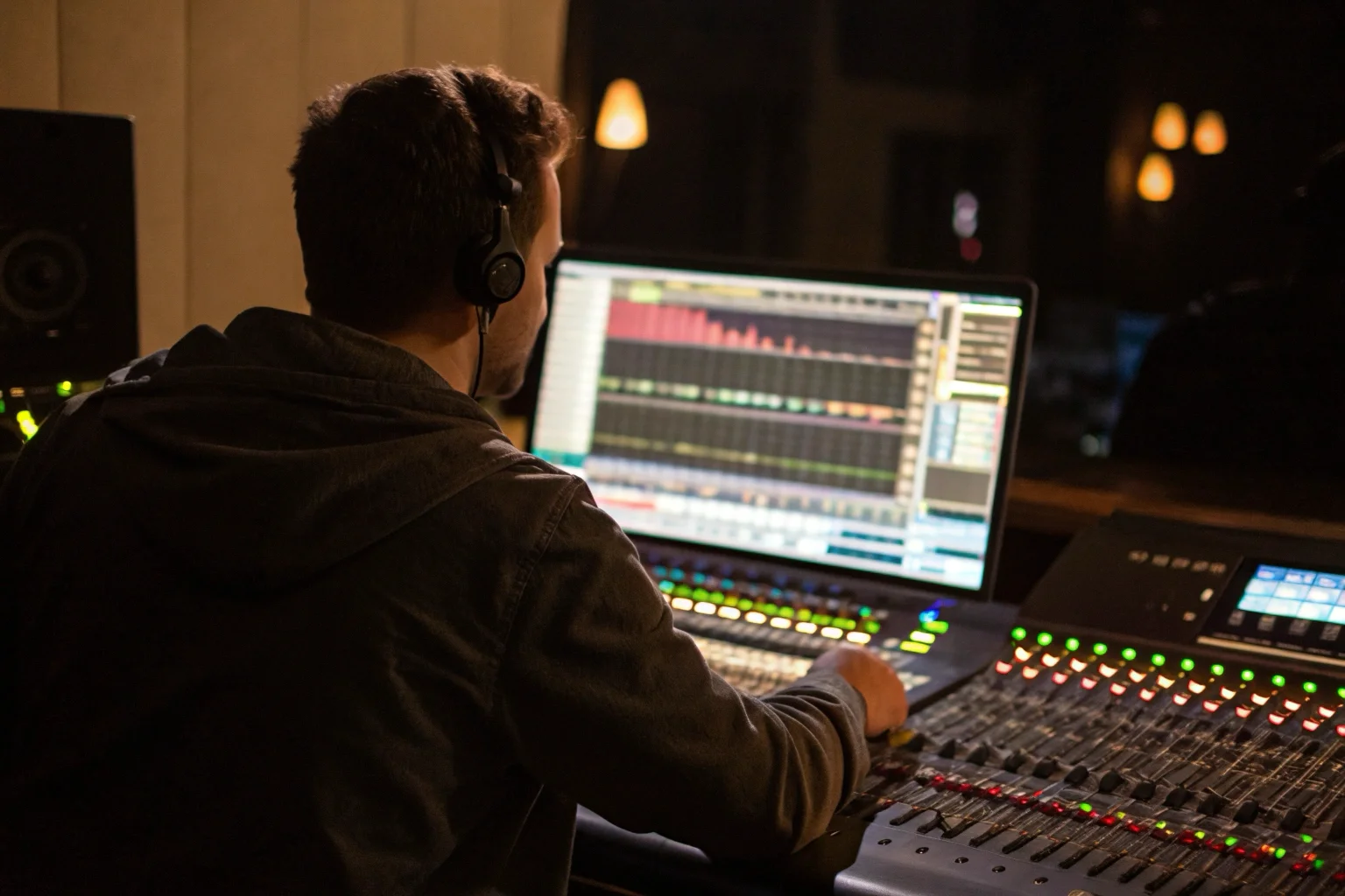 A sound engineer in a control room adjusting audio levels on a mixing console, with soundwaves visible on a screen.