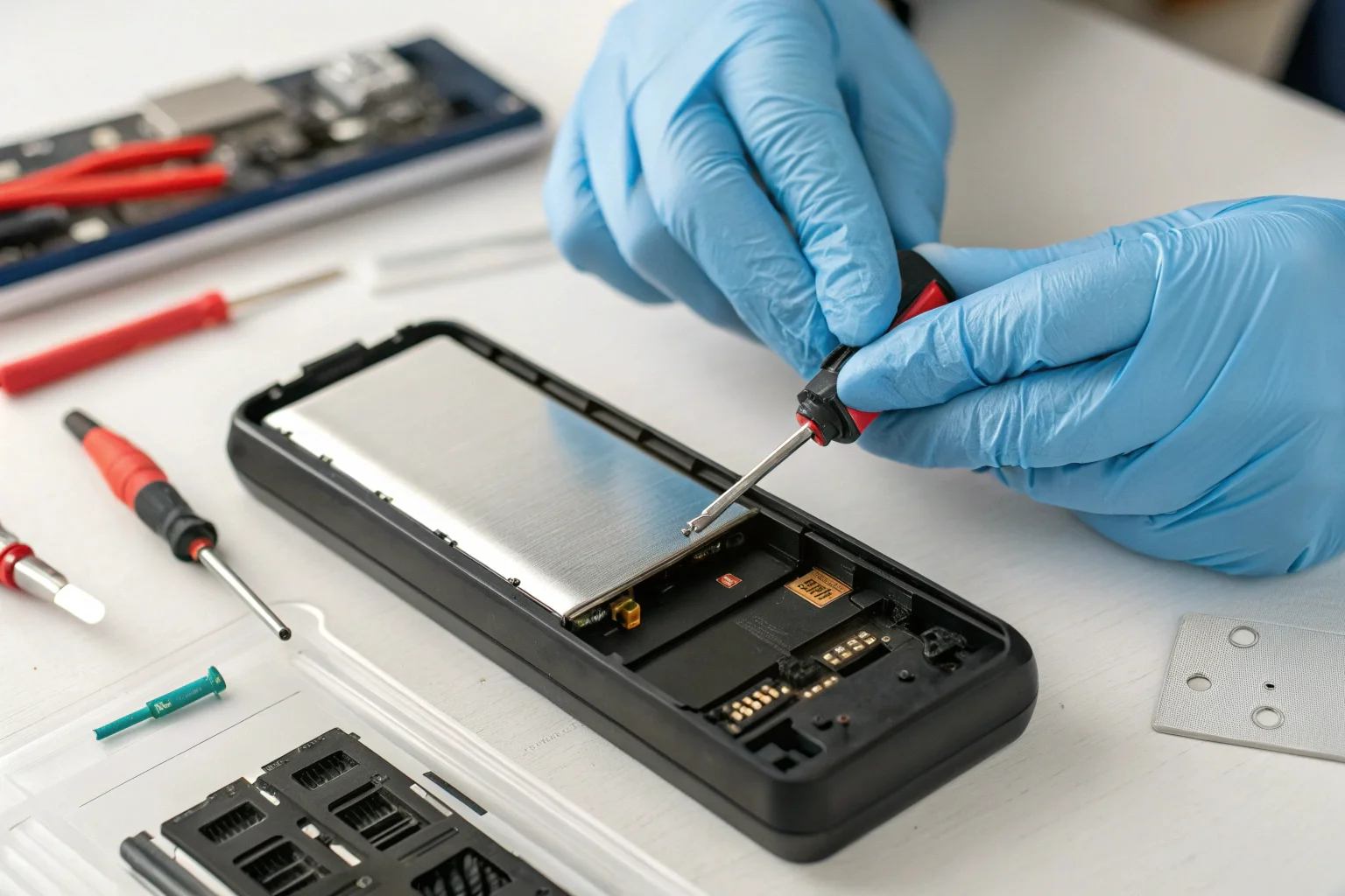 A small, integrated Li-Po battery pack being placed into the casing of a compact voice recorder on a factory assembly line.