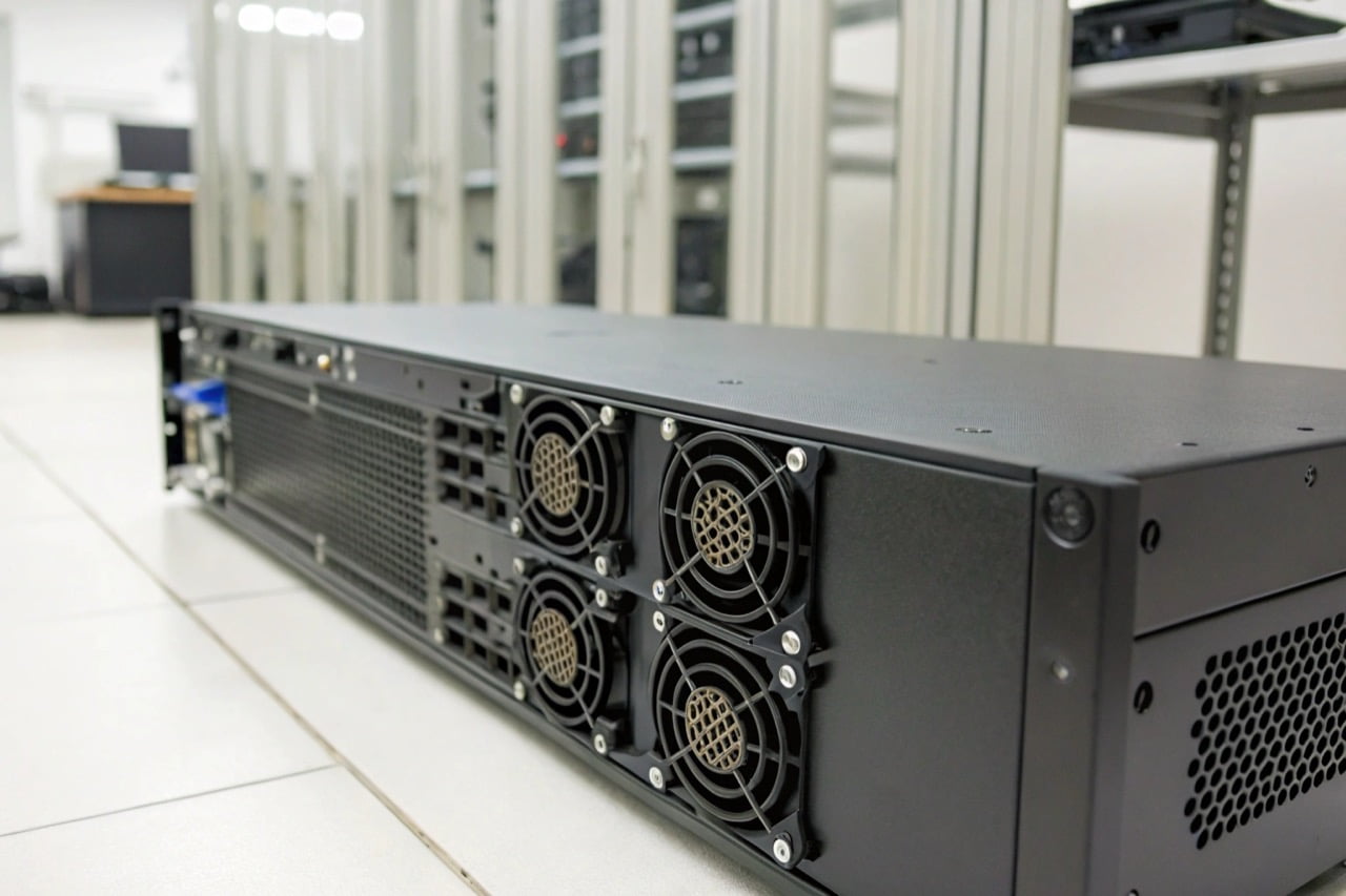 A professional black NVR unit with multiple network ports on the back, placed on a server rack