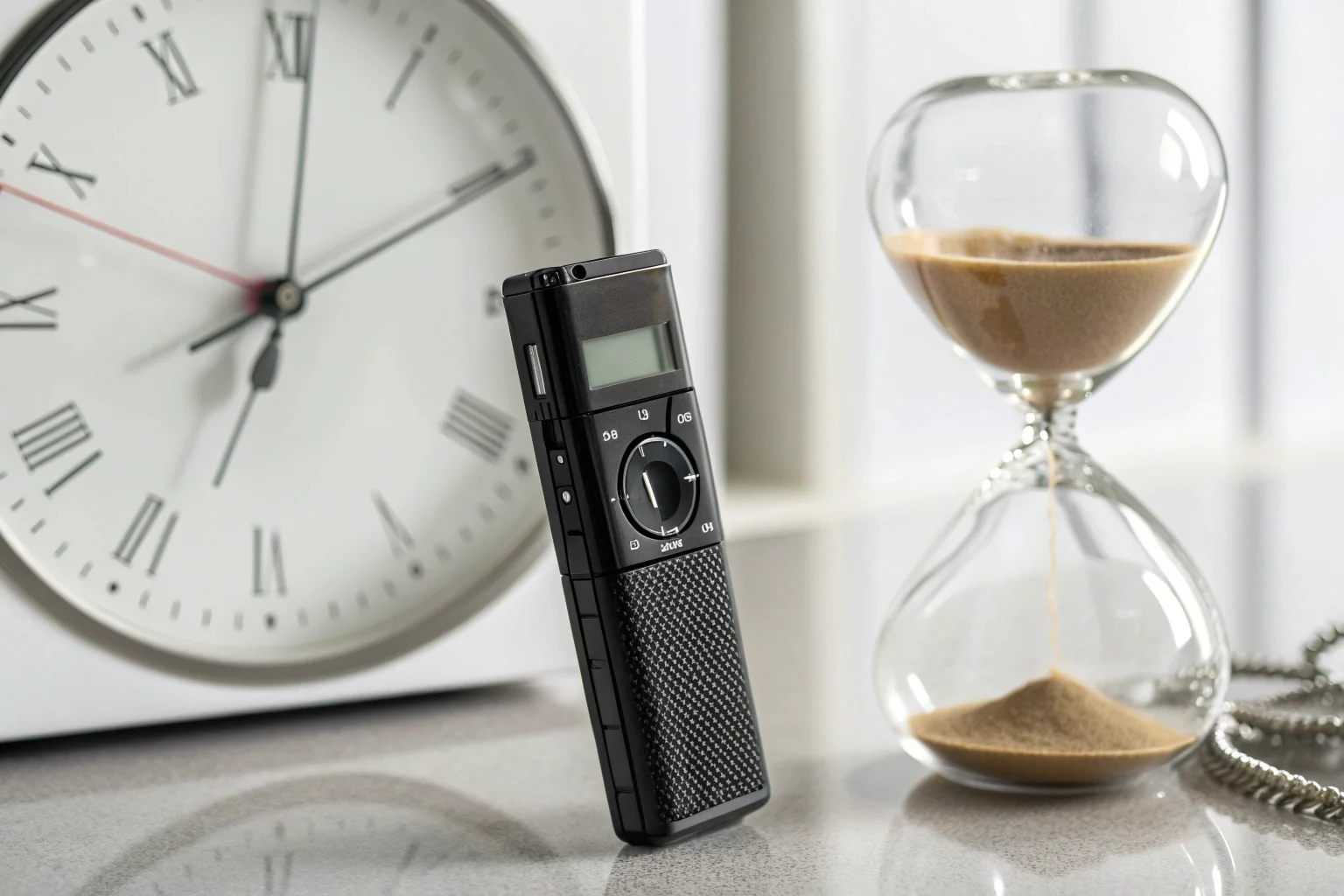 A long-life voice recorder next to a calendar with several days marked off, symbolizing extended recording time.