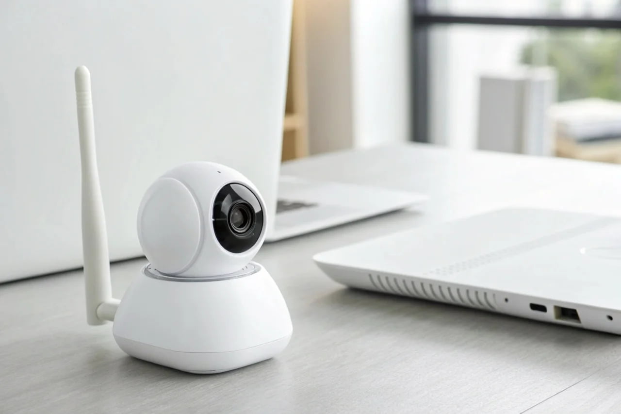 A sleek white WiFi camera next to a modern WiFi router, showing a wireless connection.