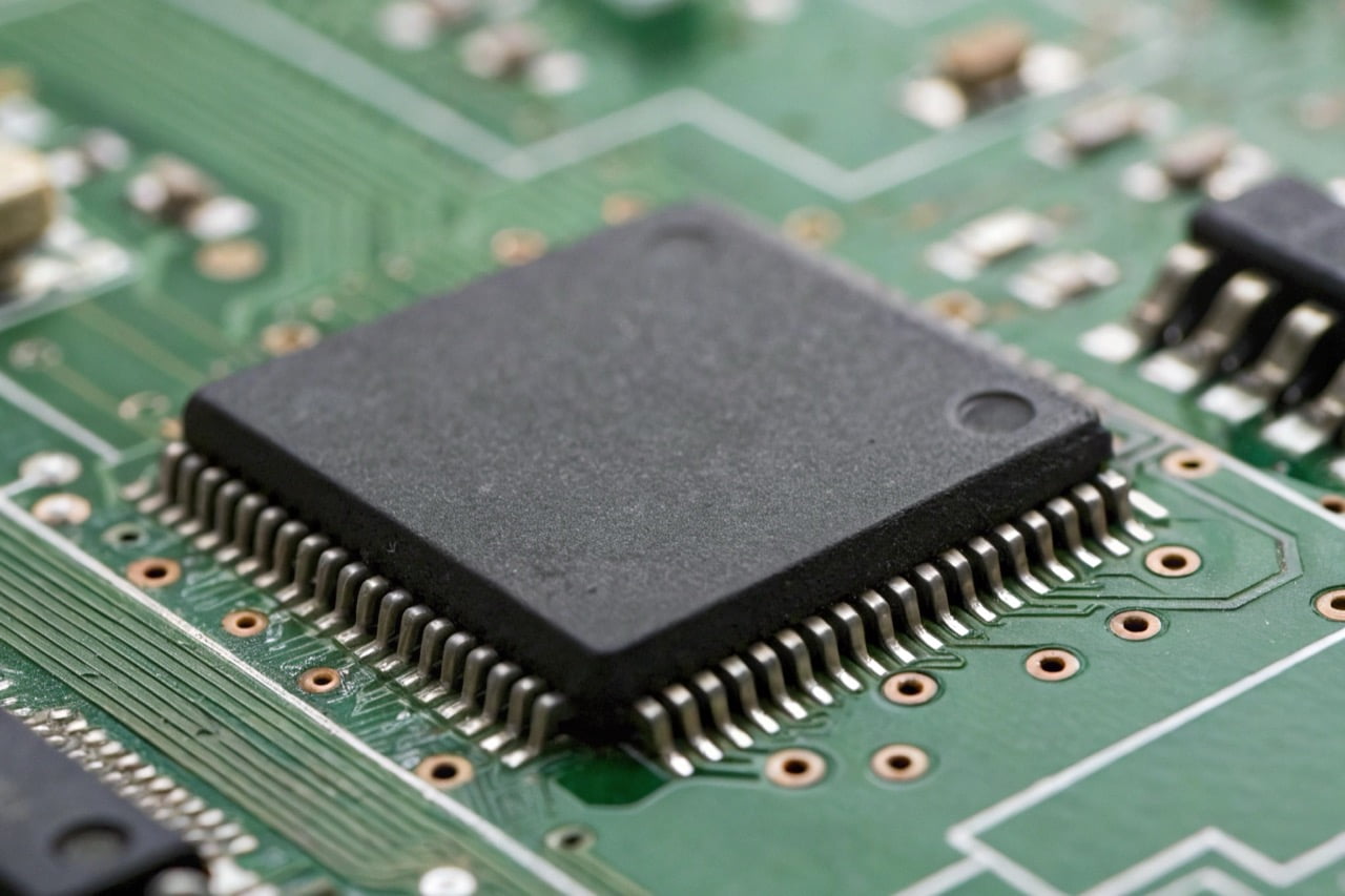 Macro shot of the chipset on a green circuit board for a WiFi security camera