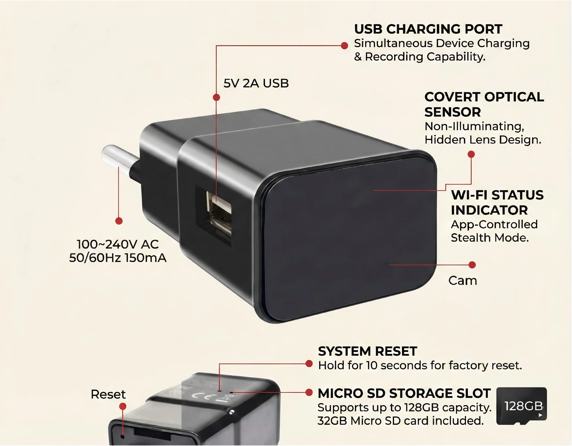 Hidden Camera Charger | Full HD 1080P USB Spy Camera with WiFi (Model: S2)
