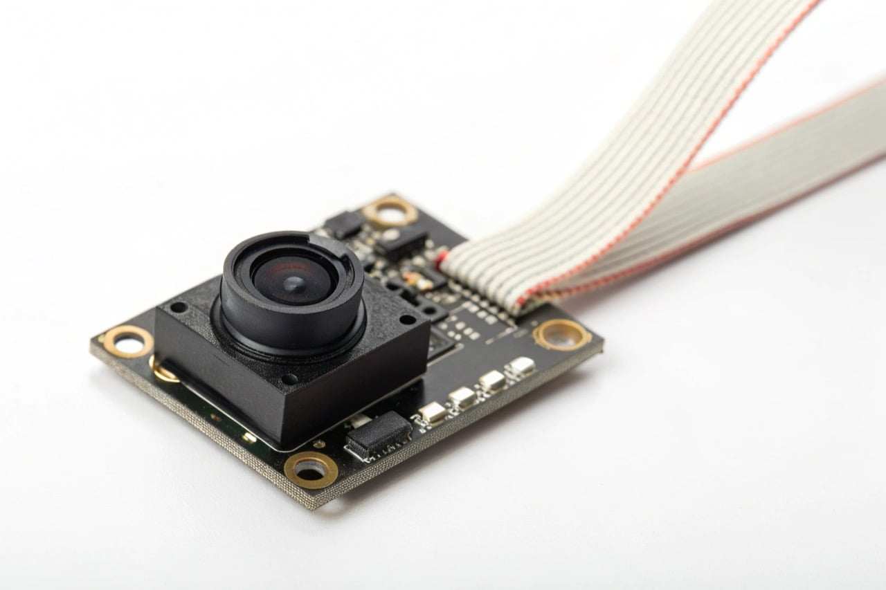 A small black wireless hidden camera module with a flat ribbon cable connecting the lens to the main circuit board, placed on a clean, white, anti-static surface.