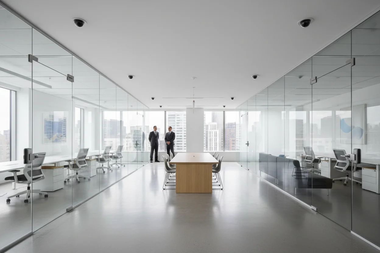 Corporate Discreet Security Professional modern office environment secured by discreet surveillance