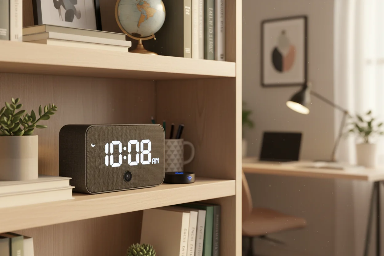Covert Clock Surveillance Compact Wi-Fi camera disguised as a functional digital clock on a shelf