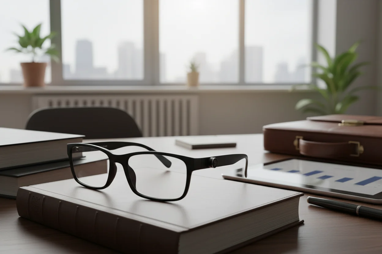 Covert Video Recording Glasses Covert video recording glasses resting on a desk