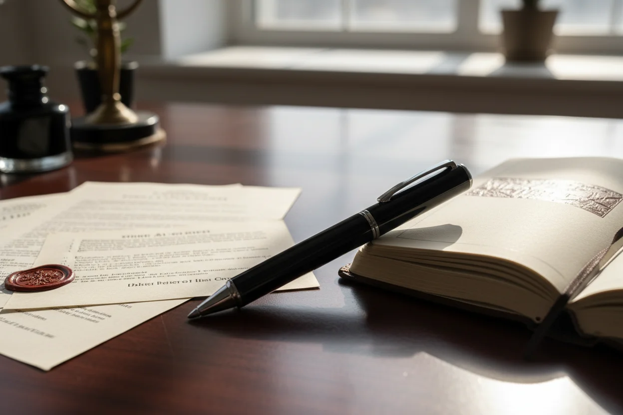Pen Spy Camera For Business Evidence Discreet pen spy camera resting on a corporate desk alongside legal documents