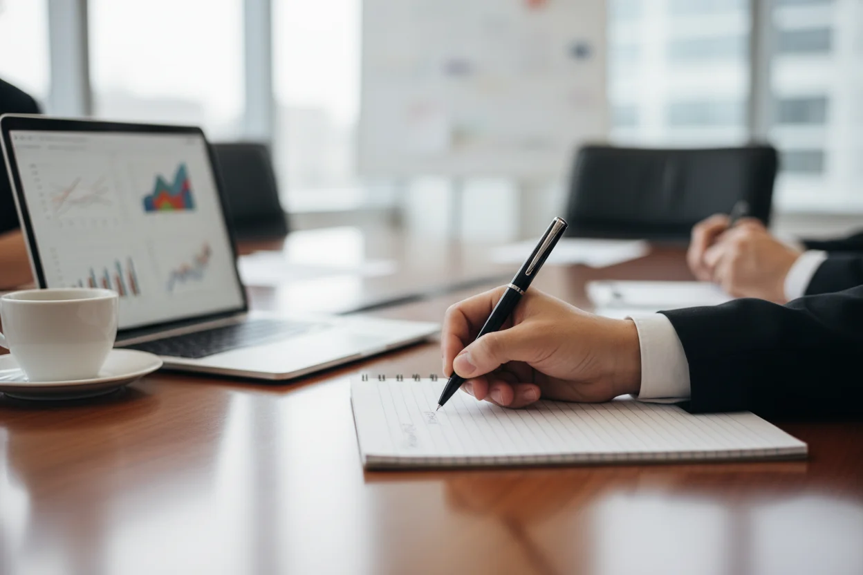 Seamless Experience With Spy Pen Camera Business professional taking notes with a disguised hidden camera pen in a corporate meeting