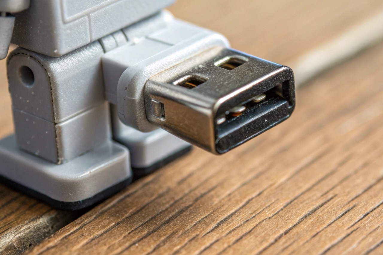 Macro close up shot of the bottom of a figurine recorder showing the hidden USB port and micro switch