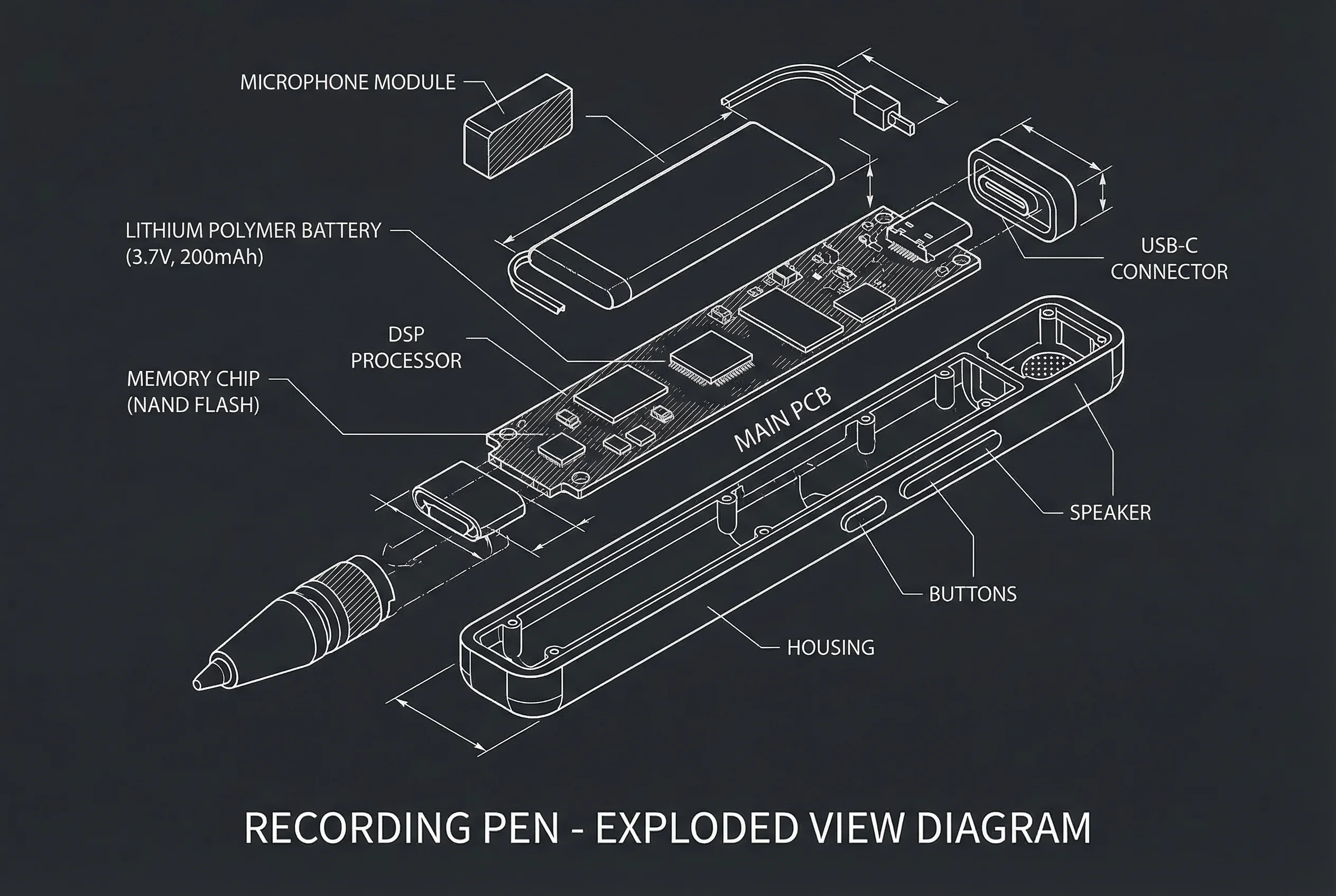 Dettaglio tecnico dei componenti di una penna registratore