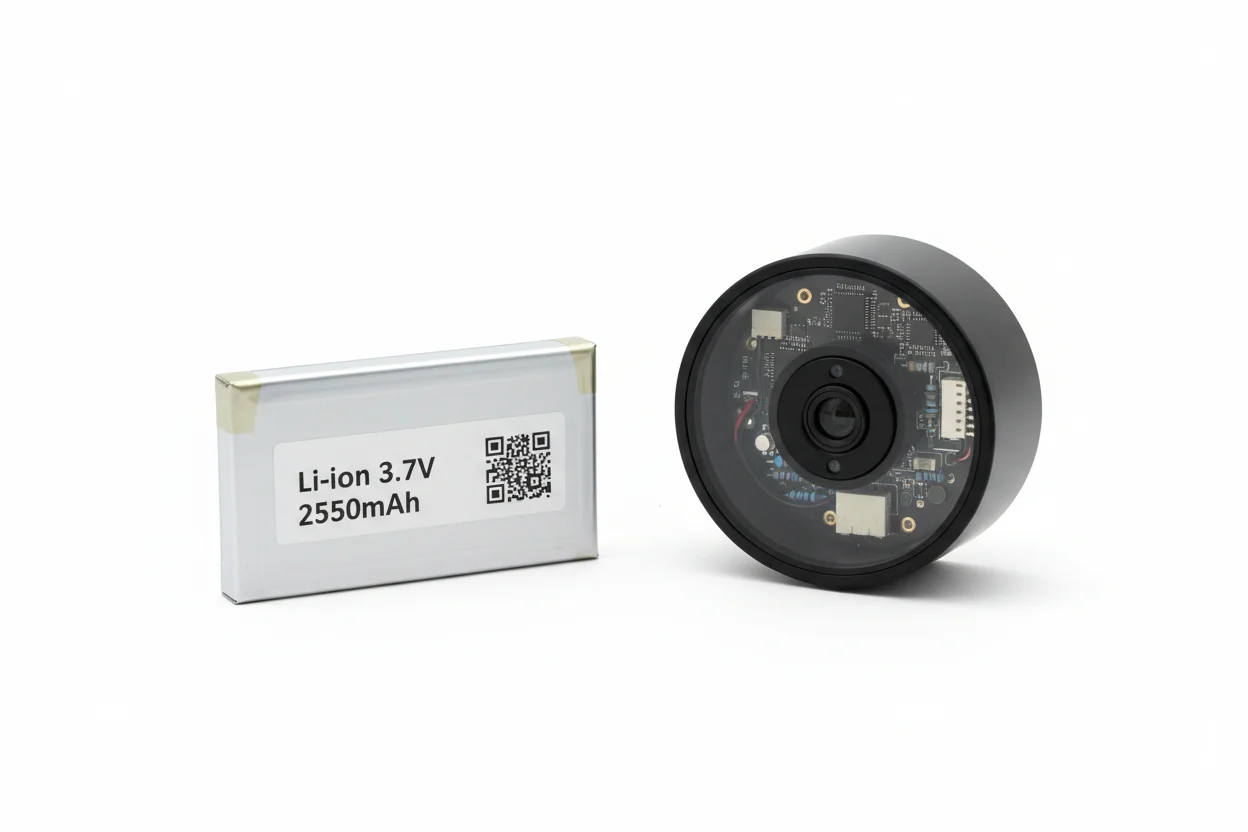 Lithium Battery Power Rechargeable lithium-ion battery powering a small spy clock camera