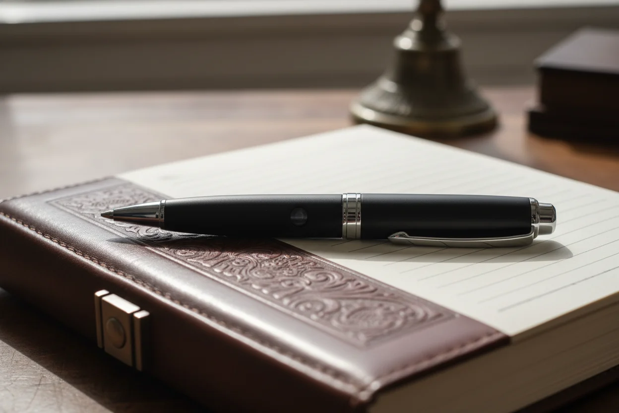 W8 Spy Pen Camera Close Up The W8 spy pen camera model showcasing its discreet lens and sleek metallic finish