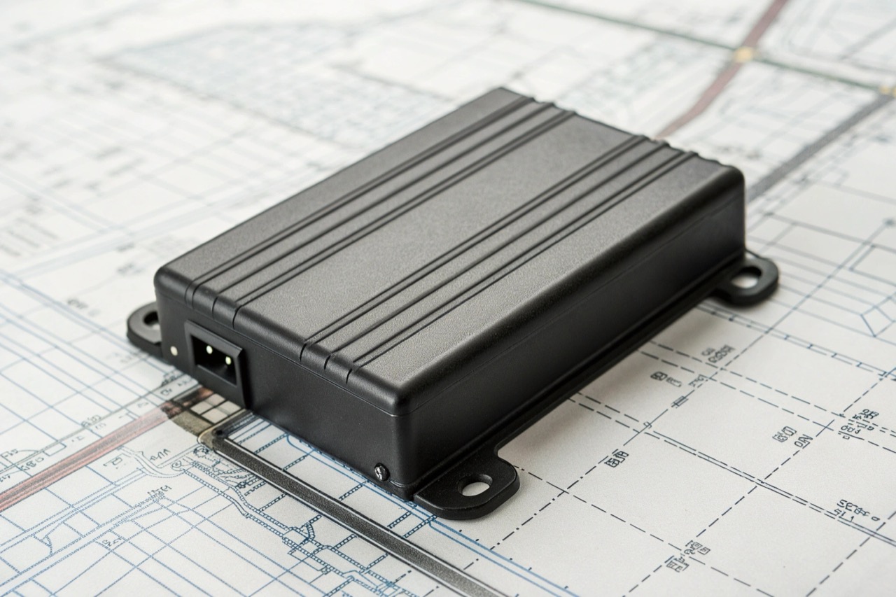 Dispositivo hardware GPS professionale per flotte aziendali appoggiato su una mappa tecnica