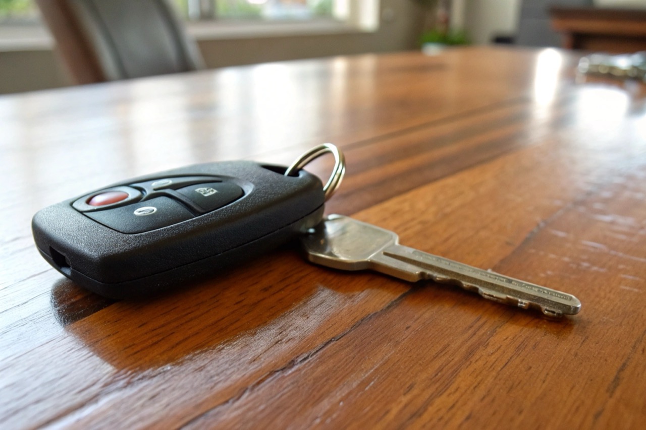 Dettaglio macro di un registratore vocale nascosto in una chiave auto realistica