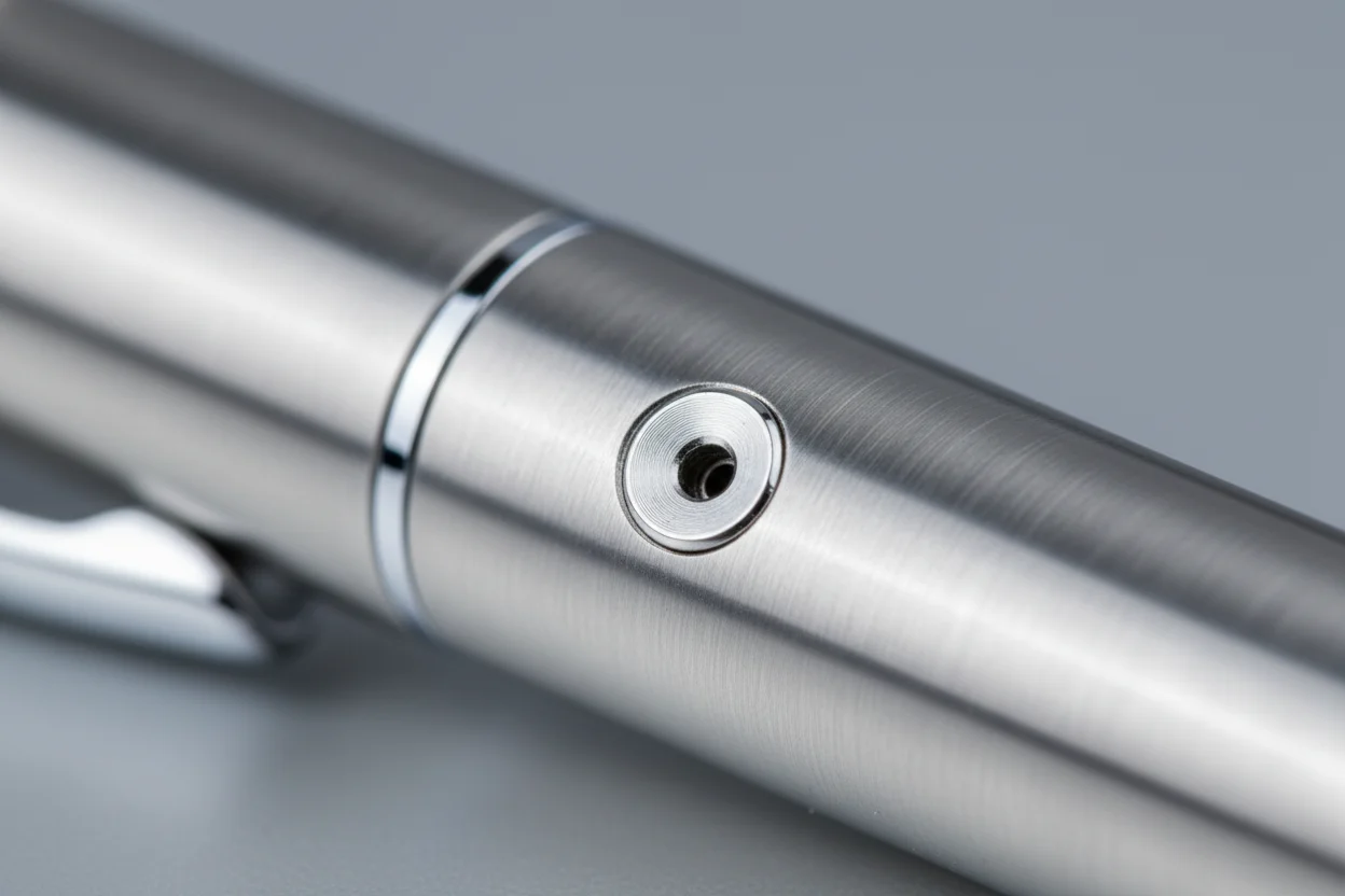 Micro Microphone On Covert Pen Close up of a tiny micro microphone hole on a sleek business pen
