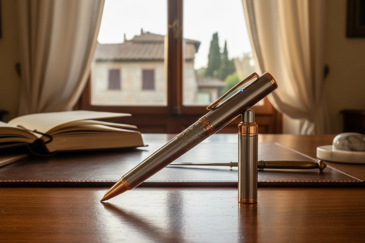 Professional Spy Pen Camera On Desk Professional spy pen camera resting on a leather notebook in a corporate boardroom