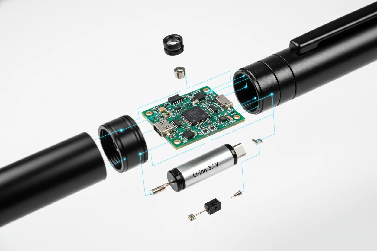 Spy Pen Camera Internal Components Internal schematic diagram of a spy pen camera showing the PCB, battery, and lens layout