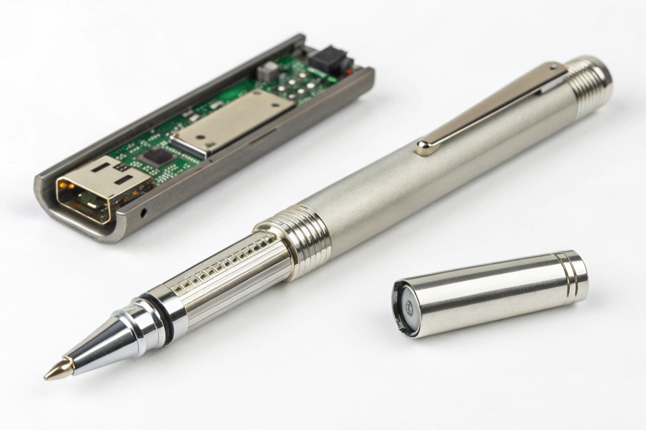 Una penna professionale di alta gamma, leggermente smontata per mostrare i componenti elettronici interni del registratore vocale.