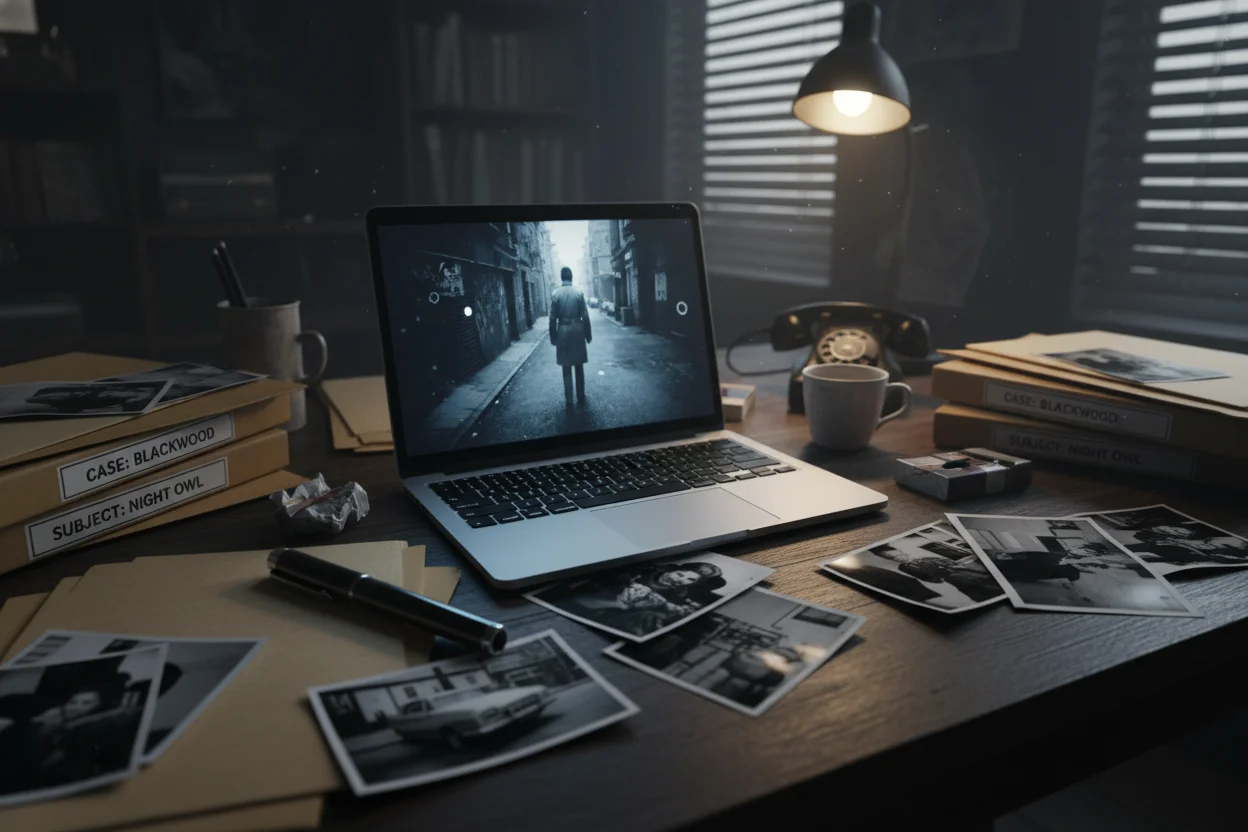 Reviewing Spy Pen Surveillance Footage A private investigator reviewing covert video footage from a spy pen on a laptop