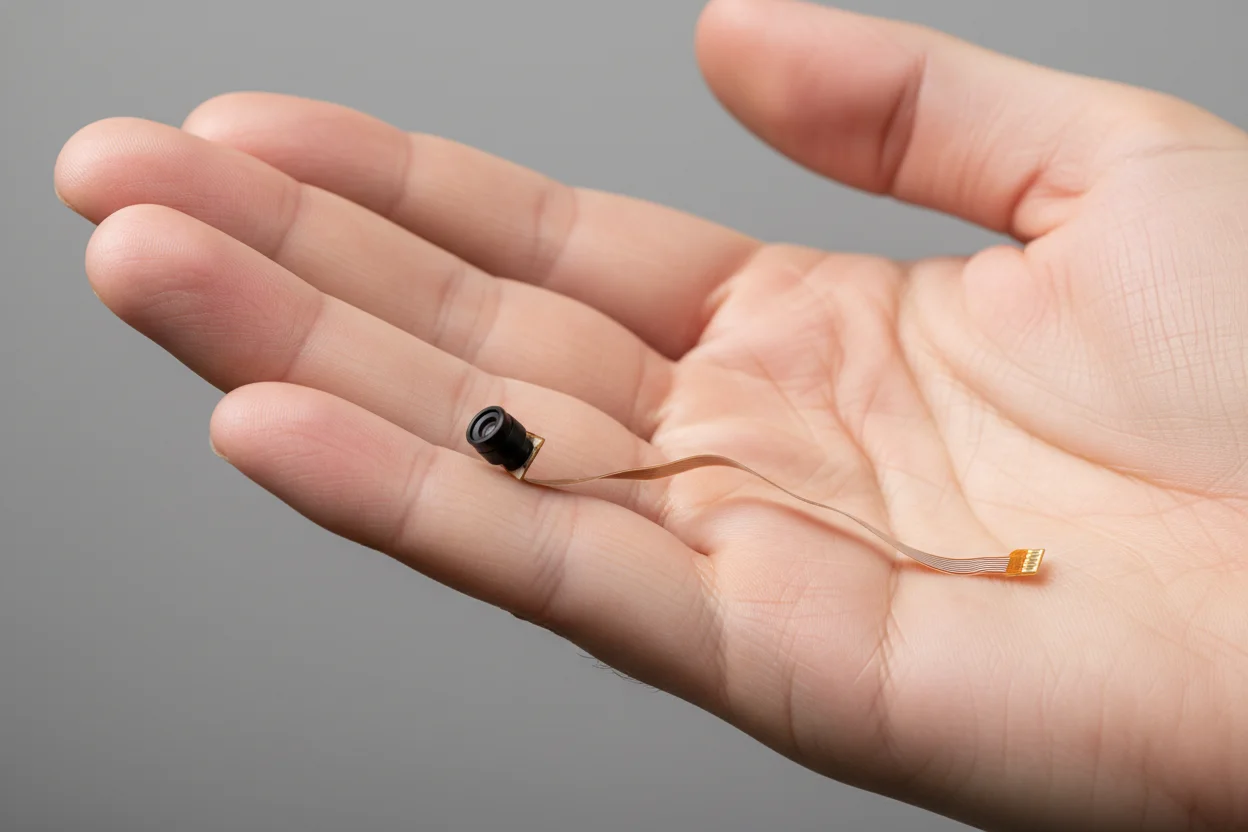 Tuya Miniature Lens Hand Lente miniaturizzata di una telecamera Tuya su un palmo di mano per mostrare le dimensioni ridotte