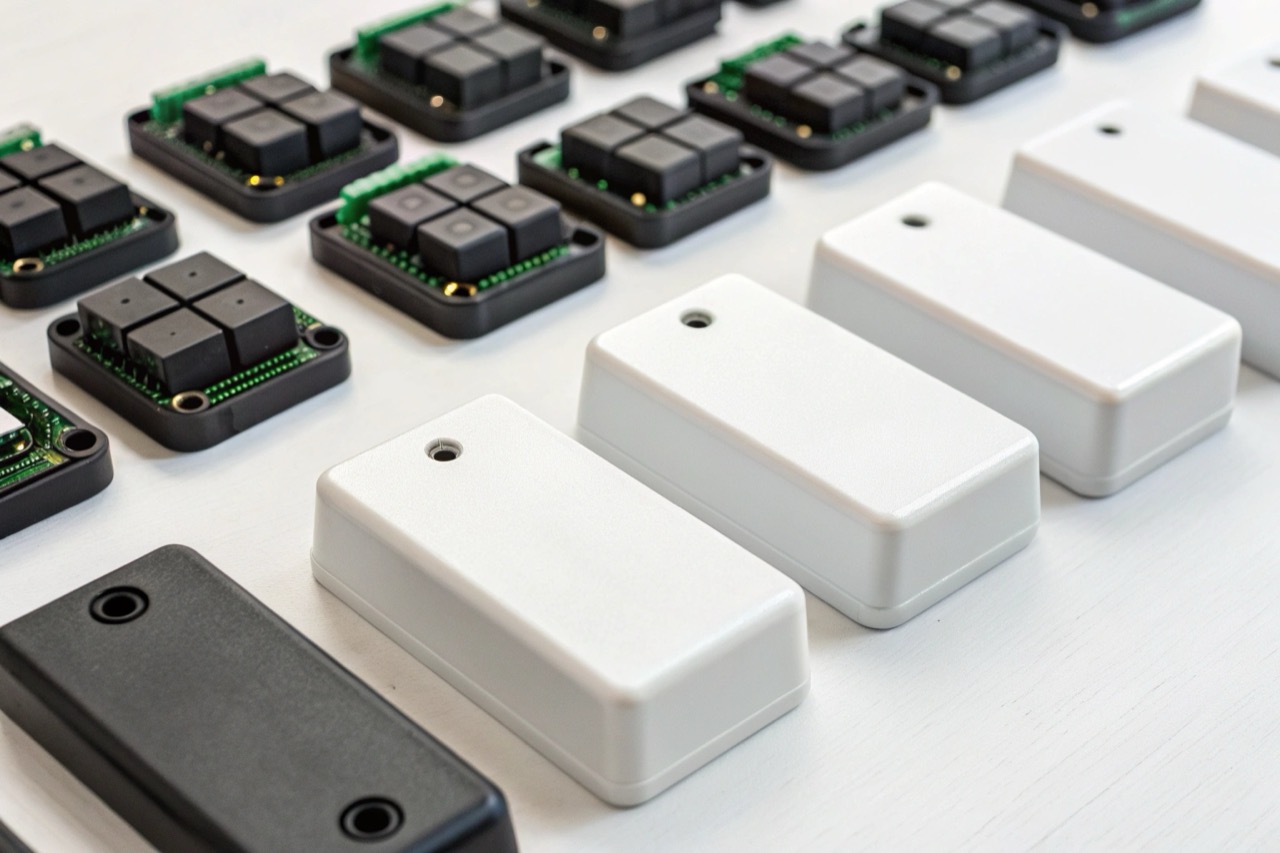 Collection of different GPS tracker types on a white table