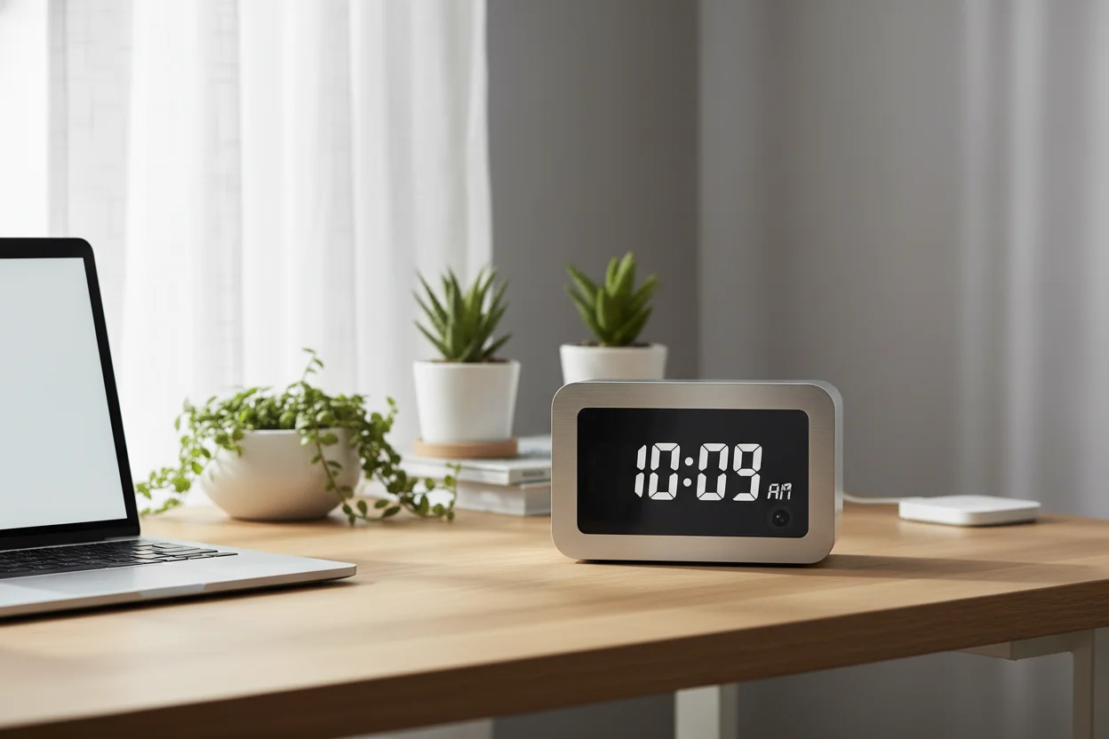 Discreet Office Security Discreet WiFi hidden clock camera seamlessly blending into a modern office desk setup
