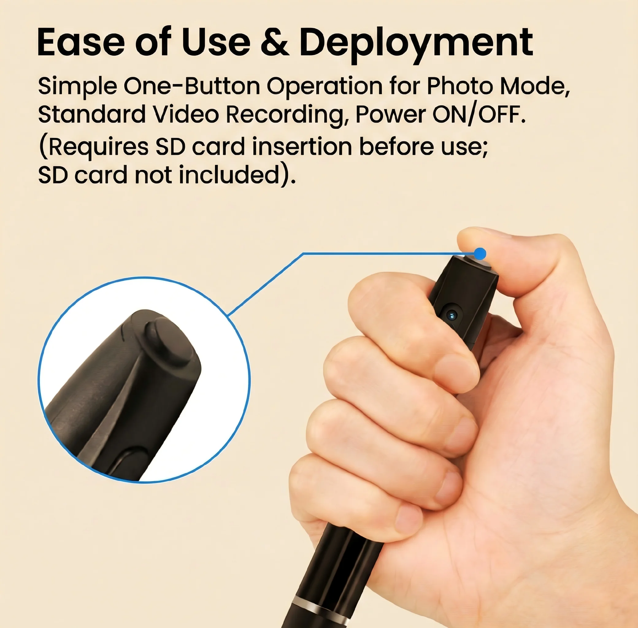 Hidden camera pen one button operation easy deployment