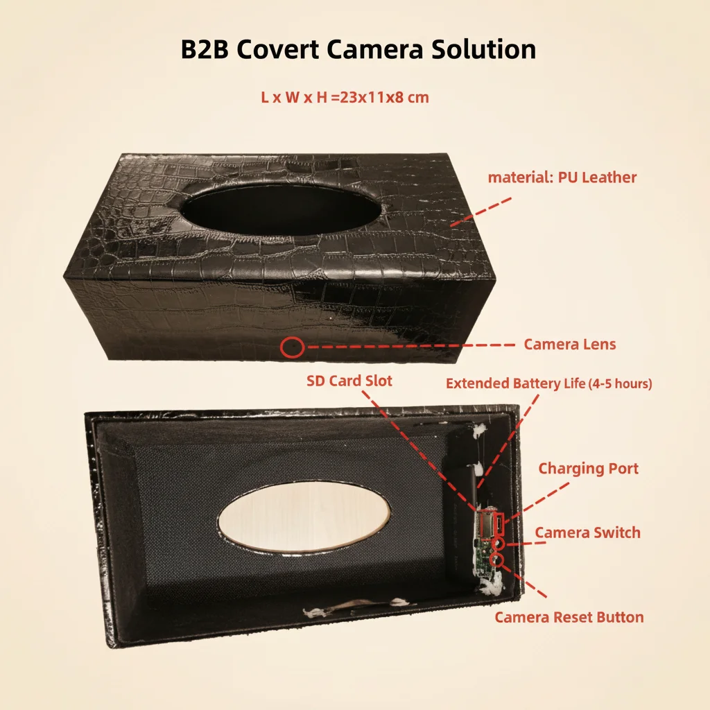 Hidden tissue box camera internal SD card and battery details