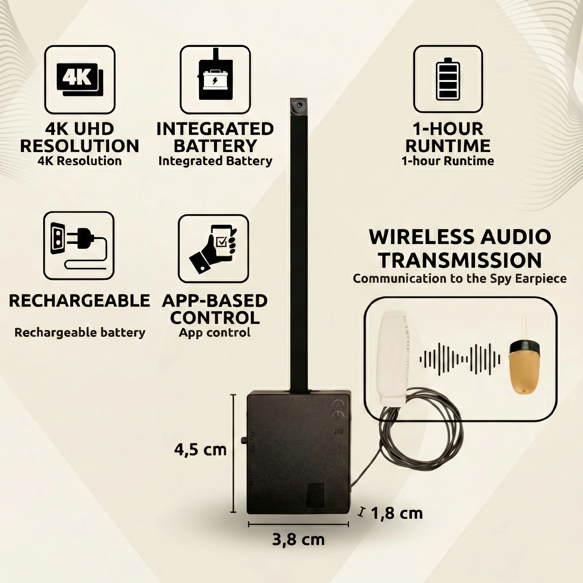 Covert 4K WiFi Exam Camera Kit with Two-Way Audio Earpiece (Model: A1W)