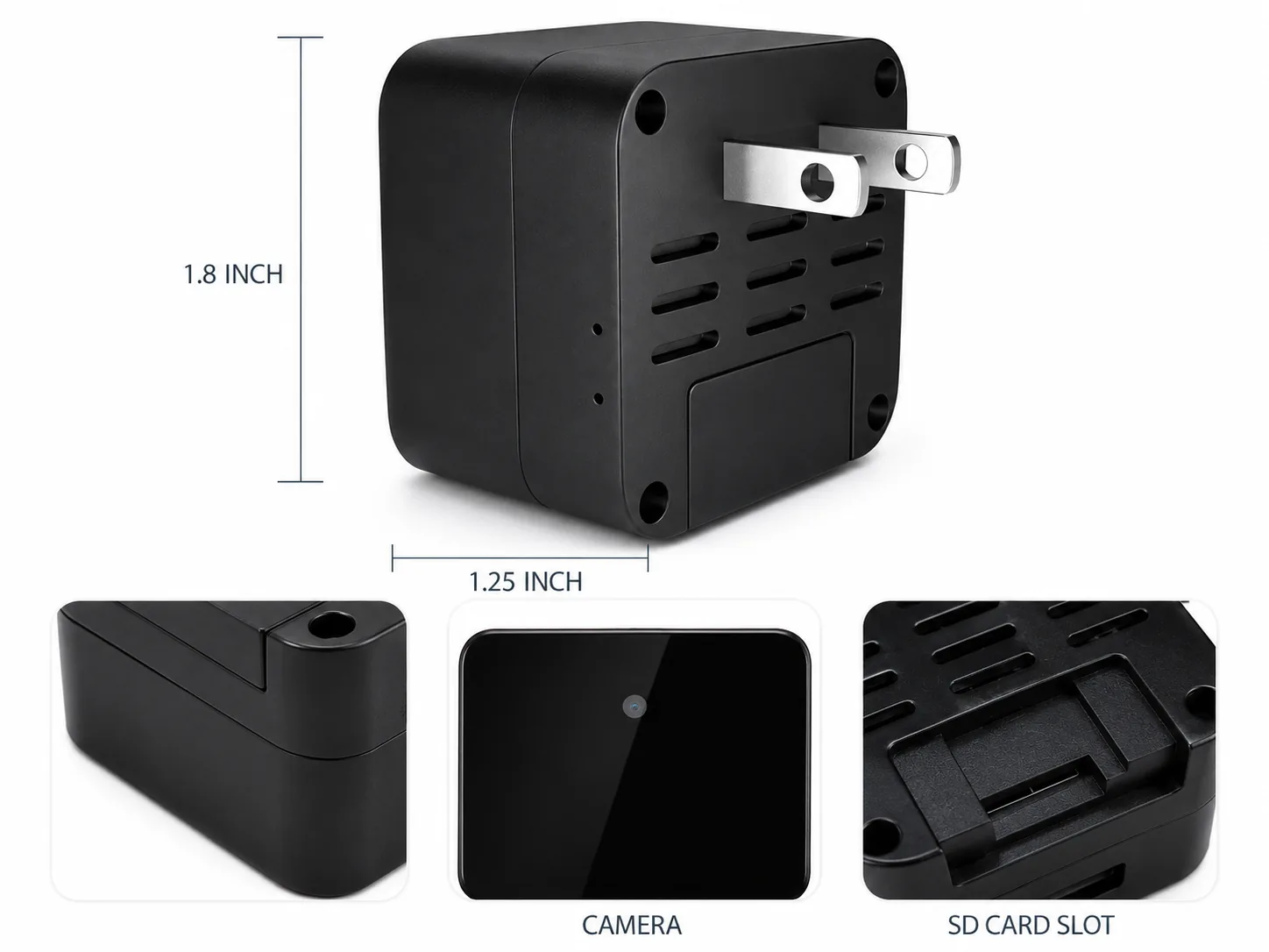 QZT USB charger hidden camera feature layout with lens SD slot and camera detail