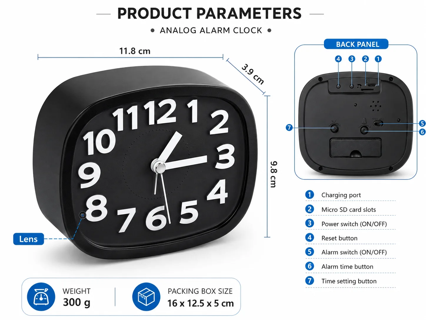 C6 alarm clock camera with function layout and rear panel details