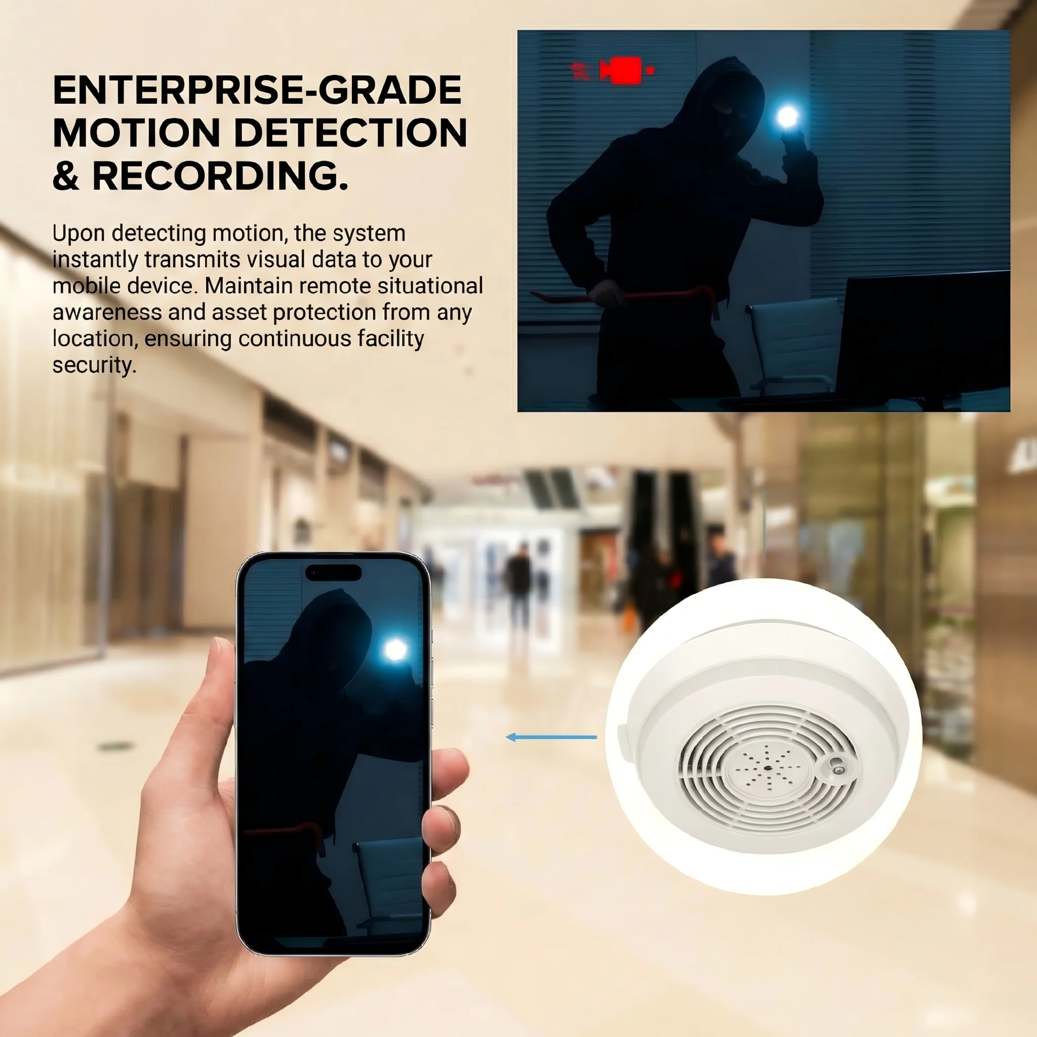Covert smoke detector camera monitoring a warehouse after hours