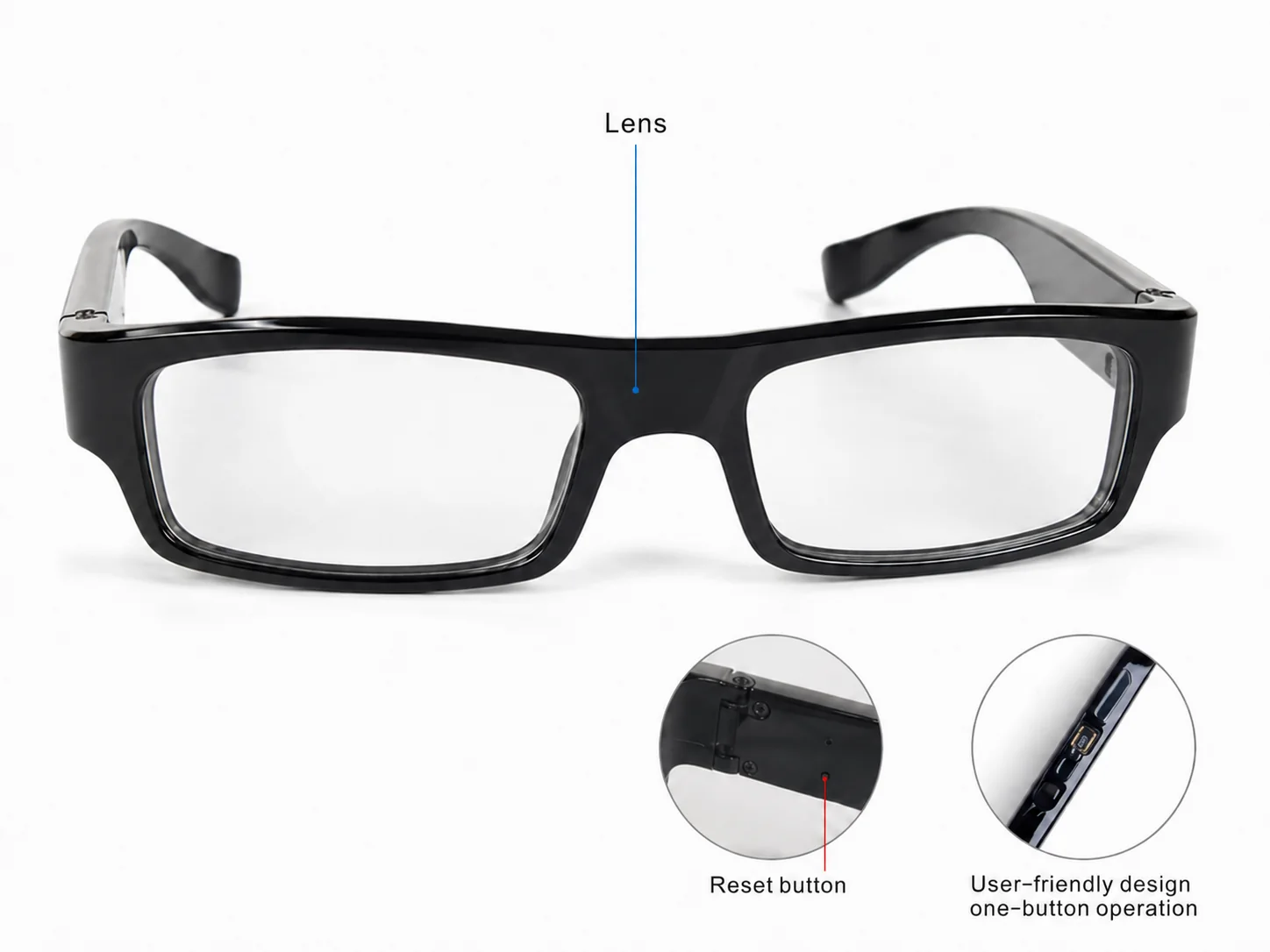 Image caractéristique des lunettes caméra QZT G3000 montrant l'objectif, le bouton de réinitialisation et l'opération à un bouton