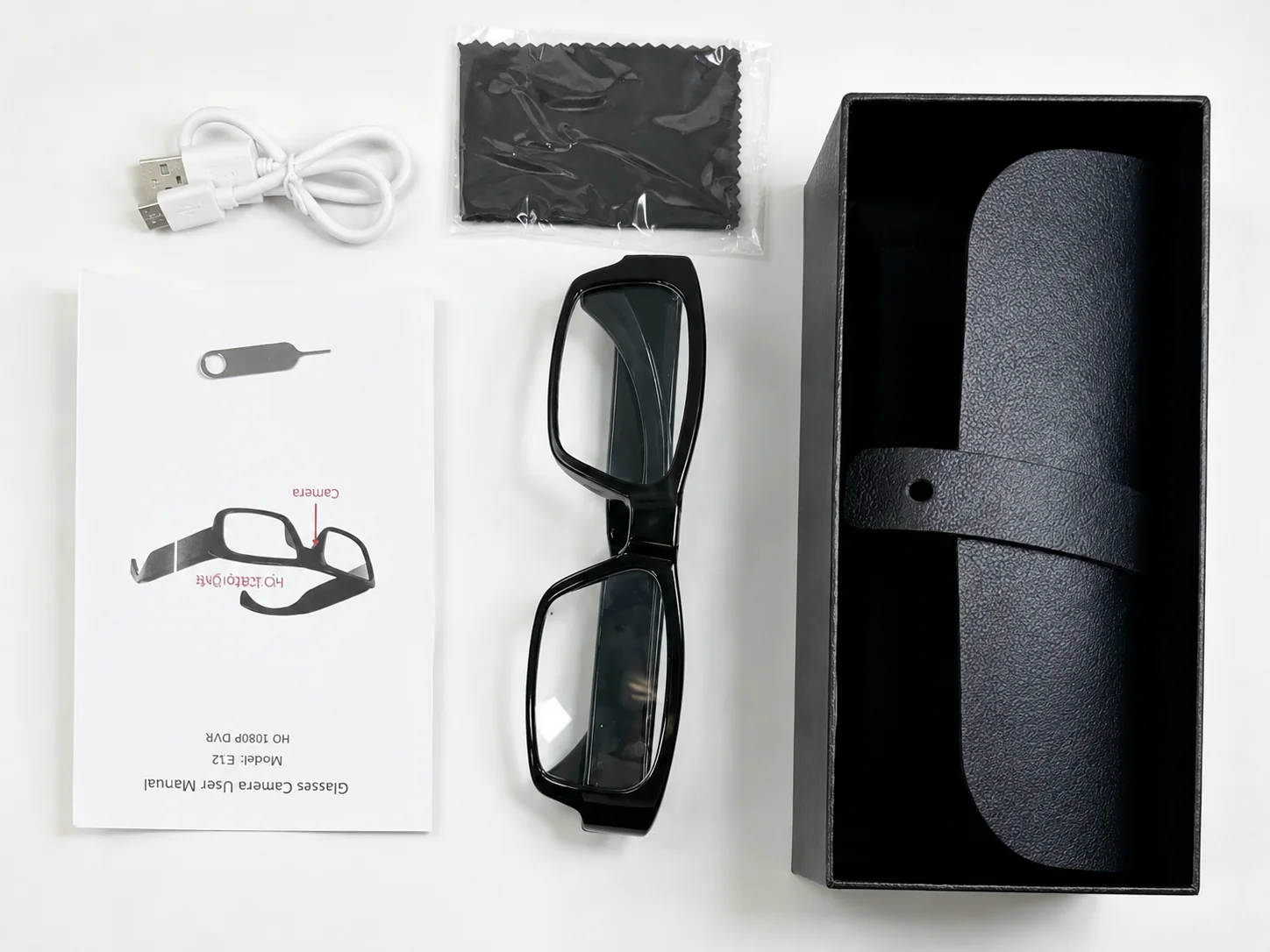 Pack lunettes caméra HD QZT G3000 avec étui, câble USB, chiffon de nettoyage, manuel et épingle de réinitialisation