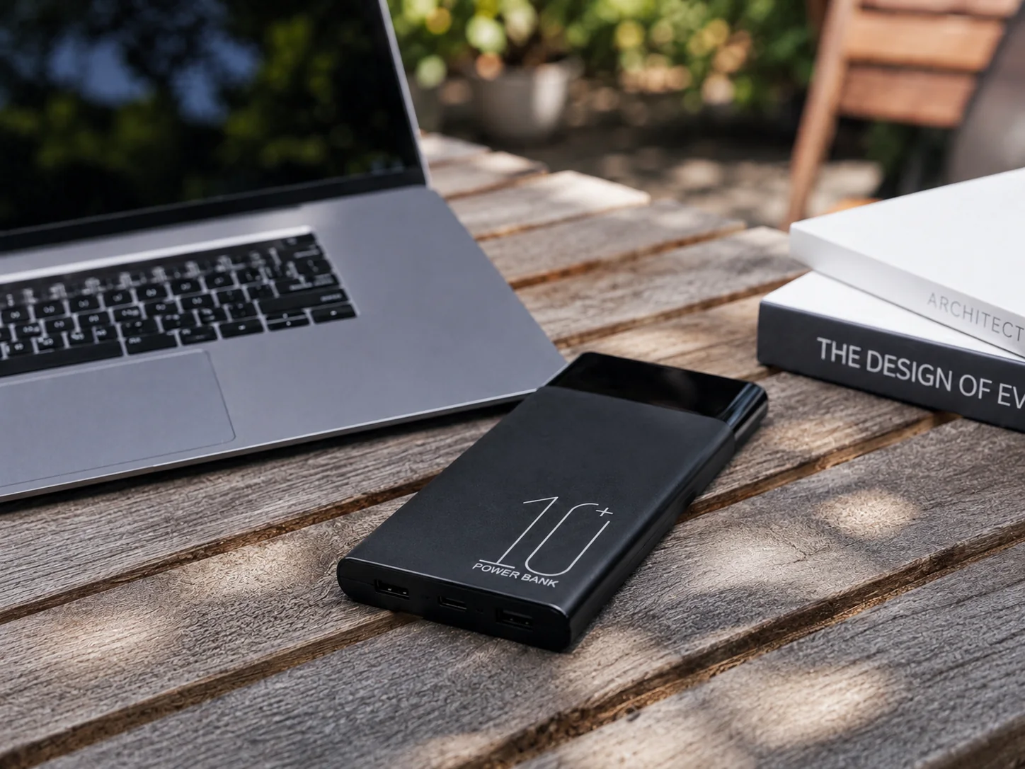 Fotocamera nascosta power bank QZT H20 posizionata su una scrivania per laptop