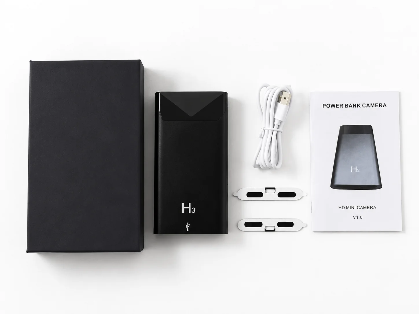 QZT H3 power bank hidden camera package with USB cable and accessories