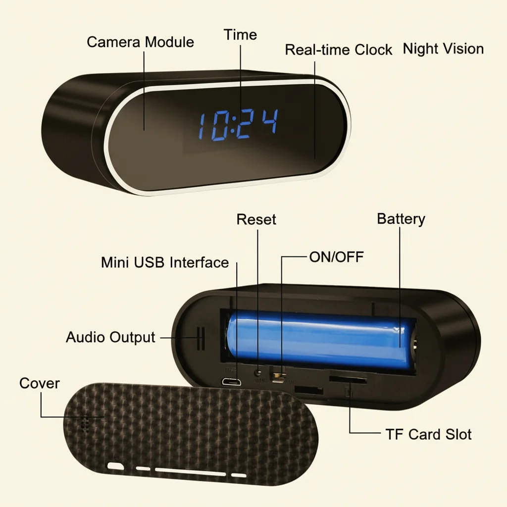 Cámara de reloj LED de espejo diseño interior seguridad doméstica