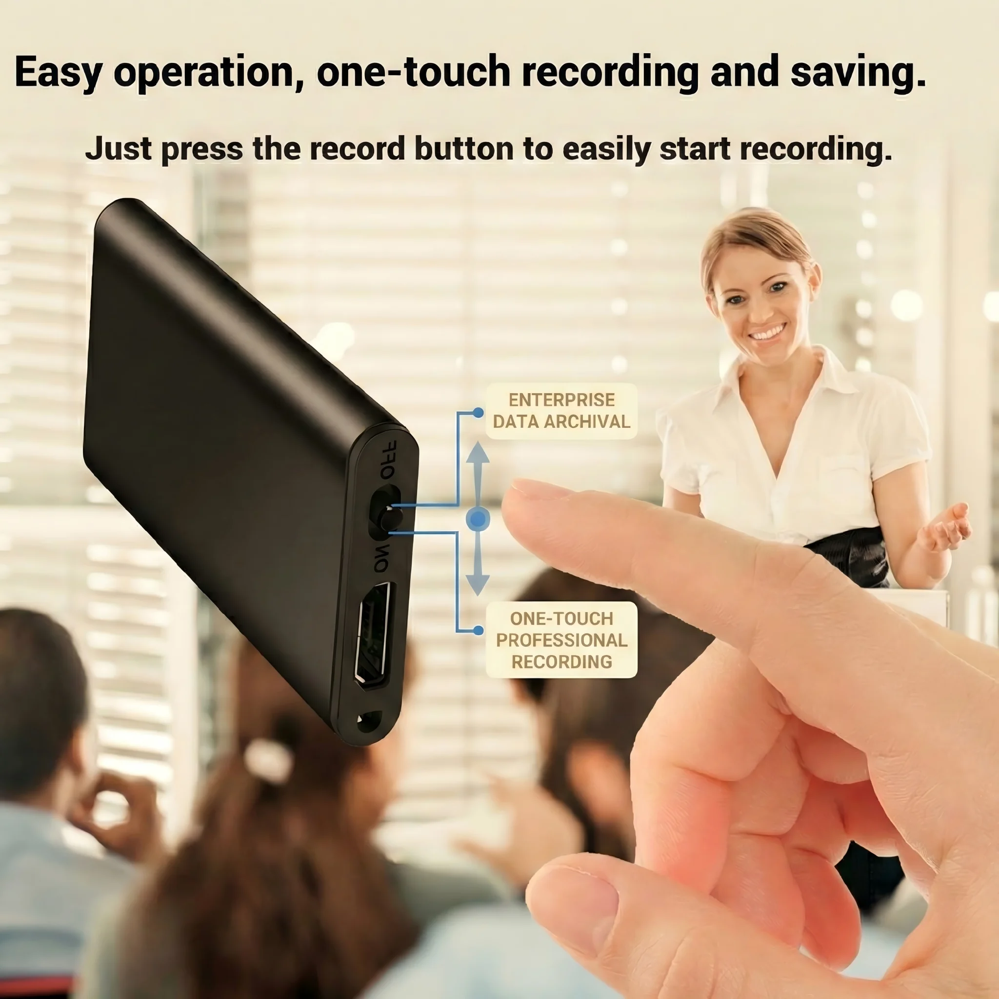 One-touch mini voice recorder operation showing easy recording start and save functionality