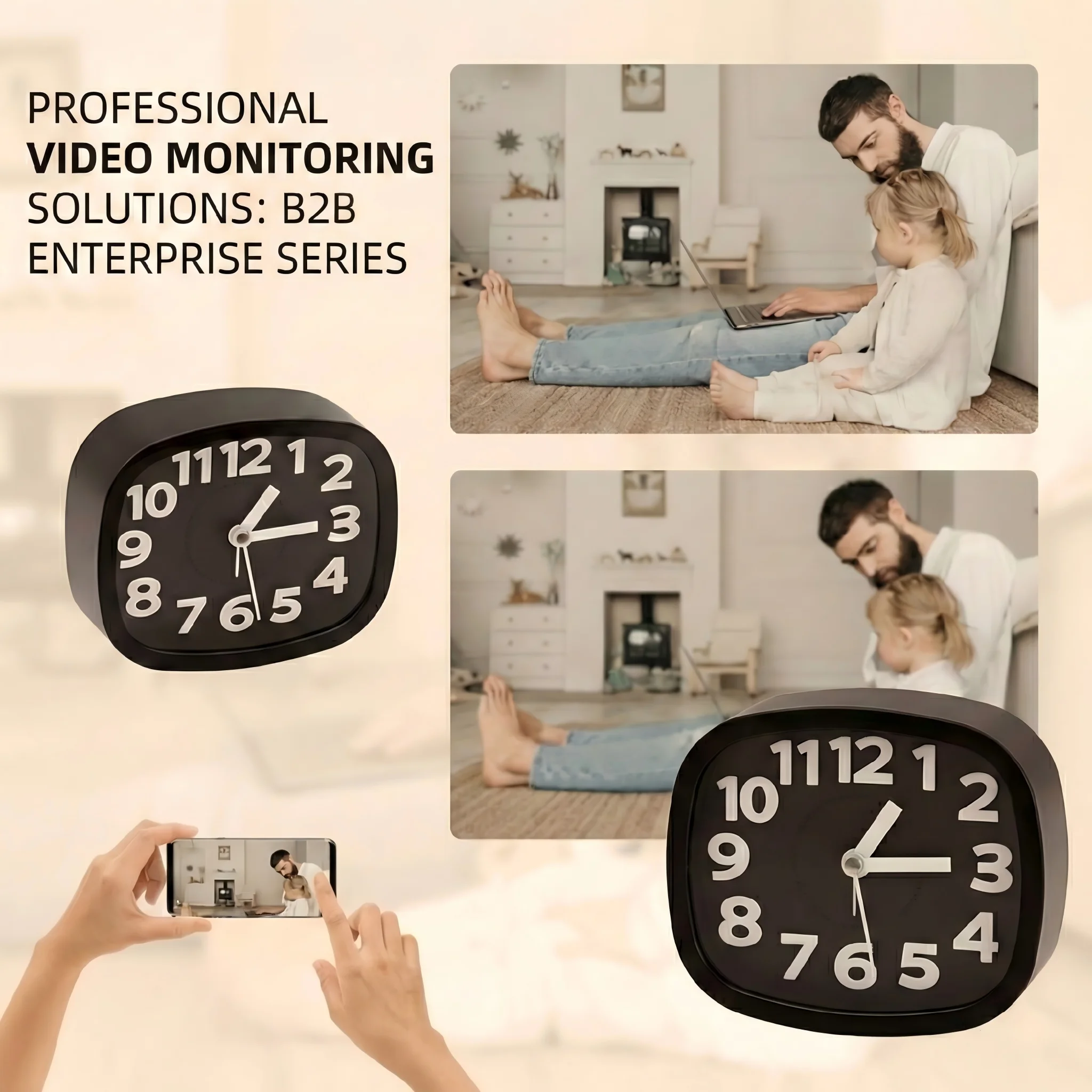 Professional video monitoring with wide-angle clock camera for B2B enterprise retail use
