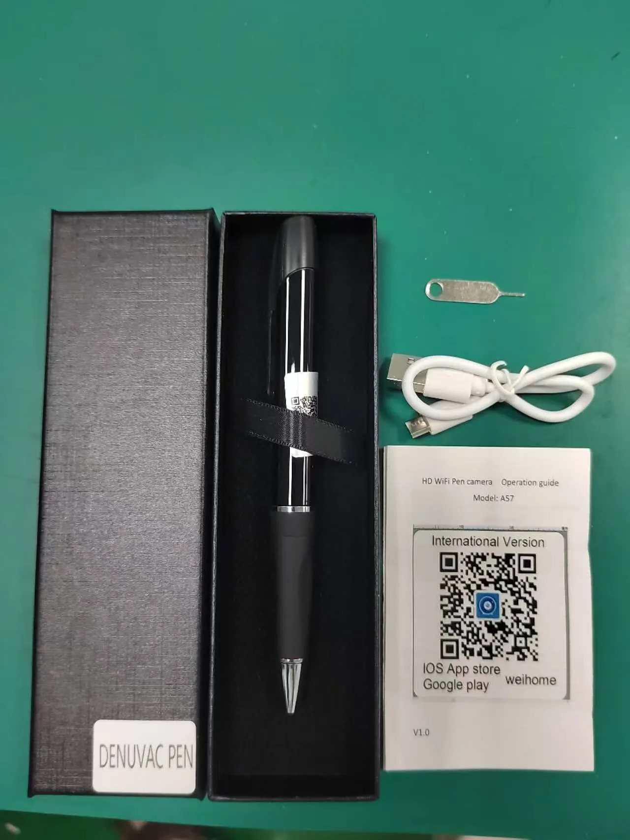 A57 WiFi spy pen camera with cable, manual and retail package